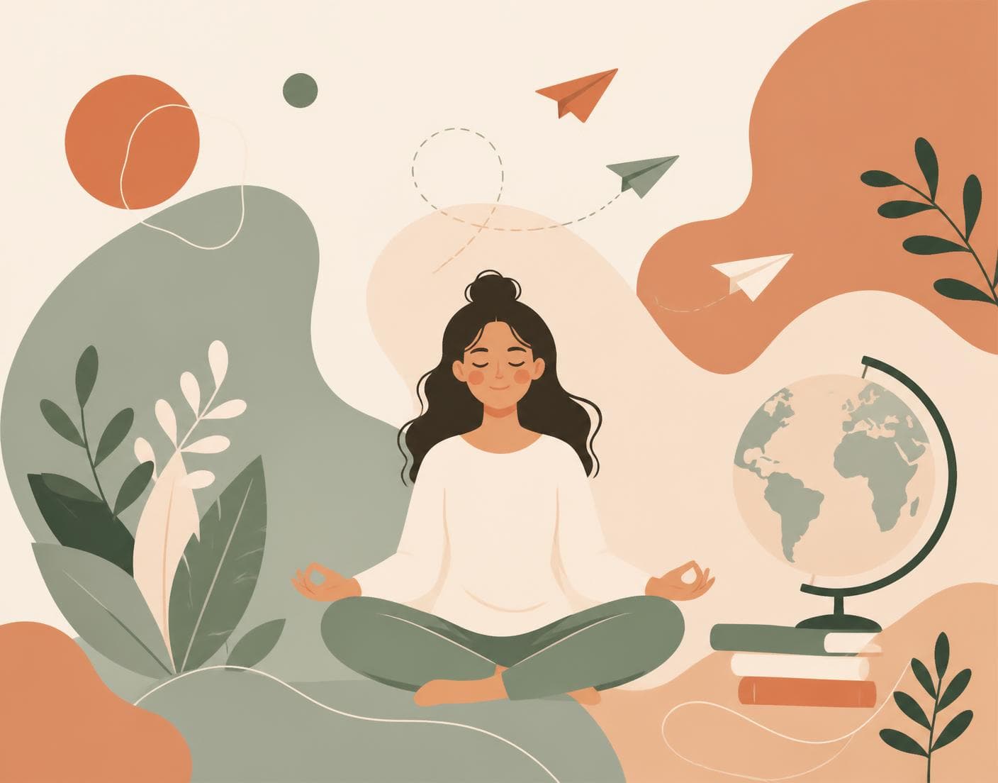 Illustration of a calm student surrounded by plants, a globe and paper planes